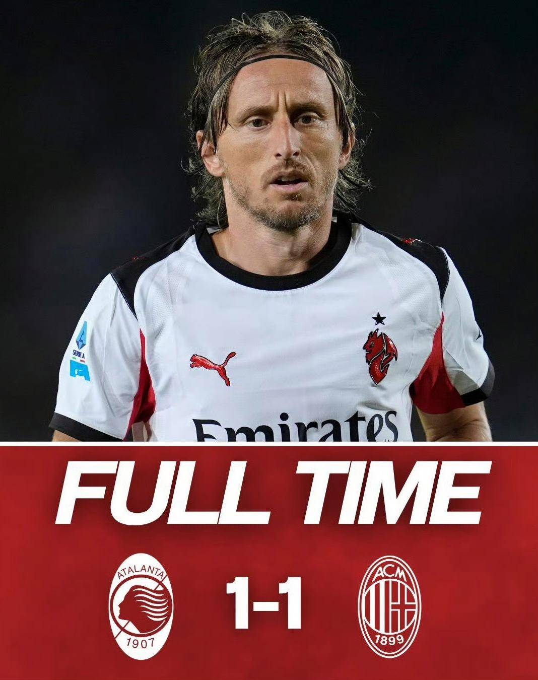 อกหักสำหรับโมดริช! ลงเล่นเป็นตัวจริงติดต่อกัน 9 นัด โดยไม่มีผู้พิทักษ์ที่แข็งแกร่งที่สุด คอยวิ่ง 10.8 กิโลเมตรกับทีมสีน้ำเงินและดำที่แท้จริง_มิลาน_โมดริช_อตาลันต้า