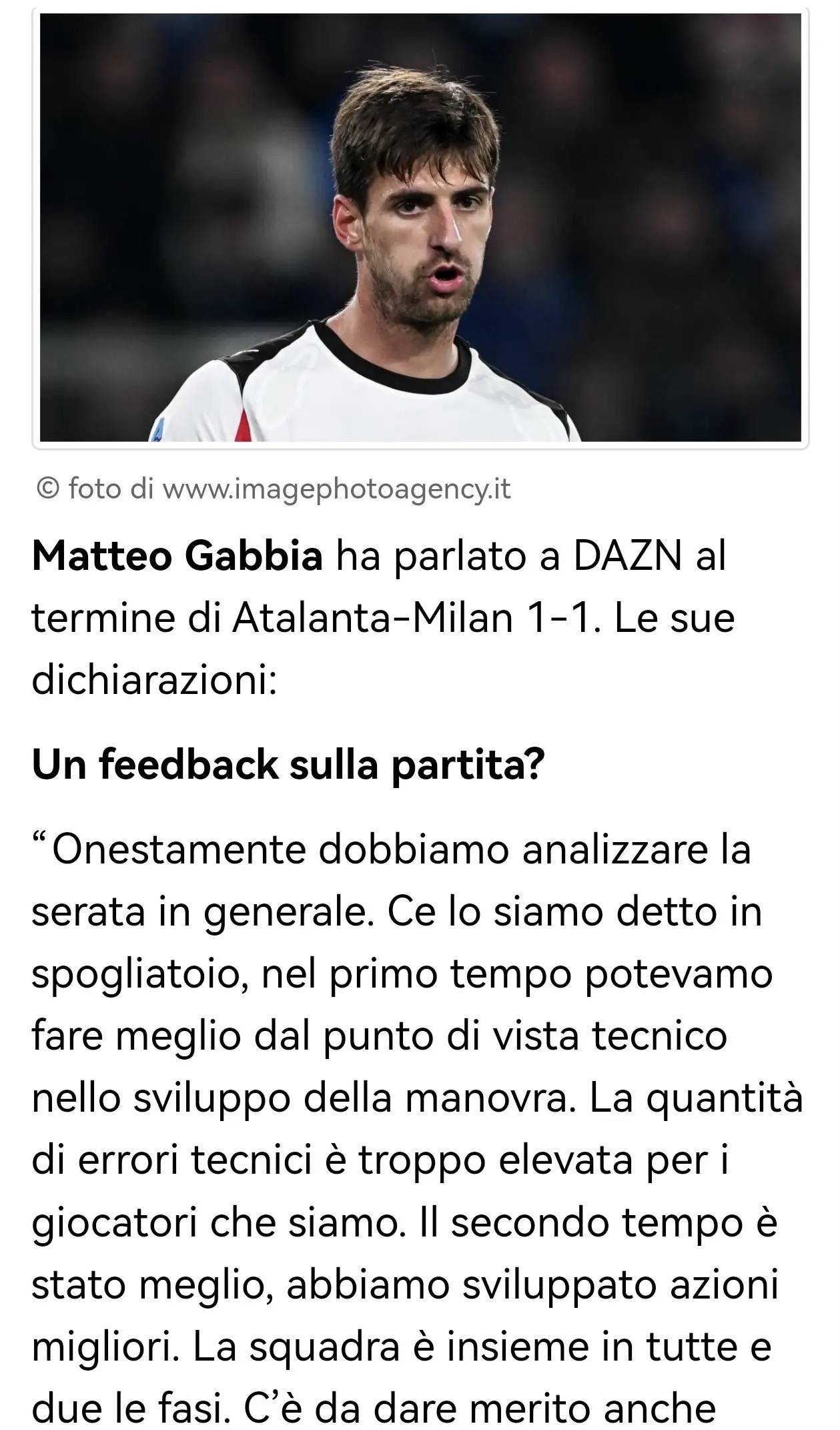 เซเรีย อา: กาบเบียดินีของมิลานพูดถึงผลเสมอ 1-1 กับอตาลันต้า: 