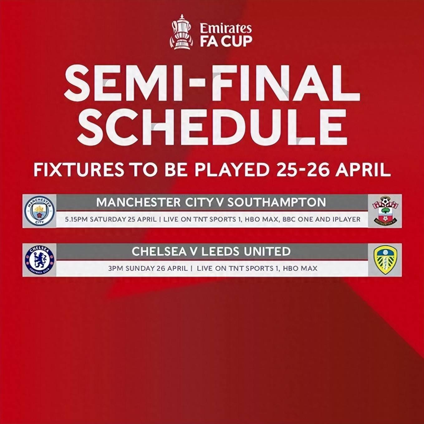 เอฟเอ คัพ รอบรองชนะเลิศ : แมนฯ ซิตี้ vs เซนต์ส เชลซี พบ ลีดส์ ยูไนเต็ด บุกไปเยือน เวมบลีย์_อาร์เซนอล